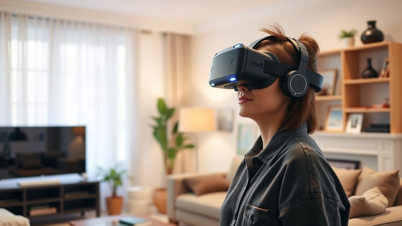 utilisateur avec casque de réalité virtuelle dans un salon