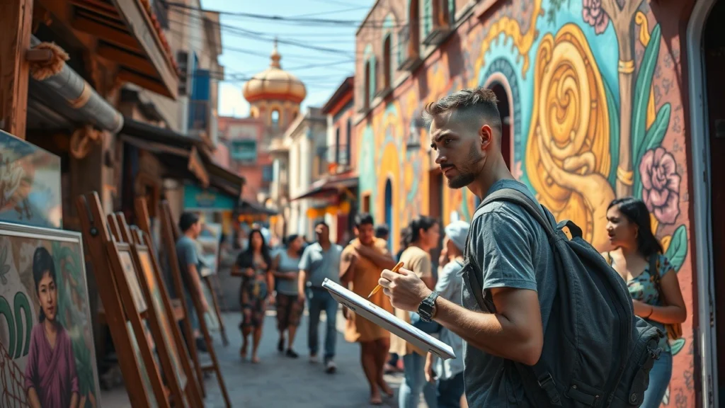Voyageur découvrant des destinations inspirantes à travers l'art et respectant la culture locale.