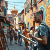 Voyageur découvrant des destinations inspirantes à travers l'art et respectant la culture locale.