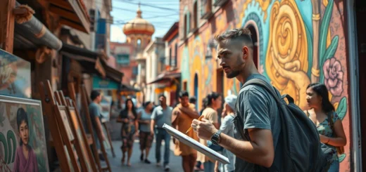 Voyageur découvrant des destinations inspirantes à travers l'art et respectant la culture locale.