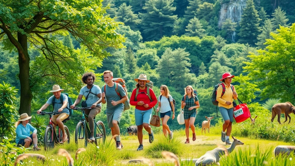 Groupe de voyageurs engagés dans des pratiques durables au milieu de la nature.