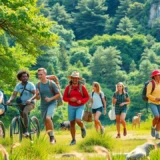 Groupe de voyageurs engagés dans des pratiques durables au milieu de la nature.