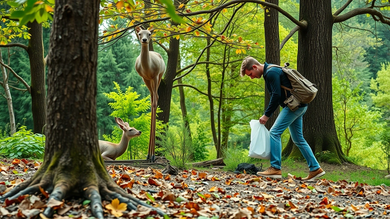 voyageur ramassant des déchets dans un parc naturel