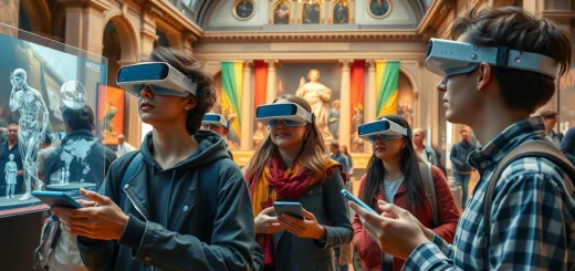 Des jeunes adultes utilisant des applications de réalité augmentée dans un musée culturel.