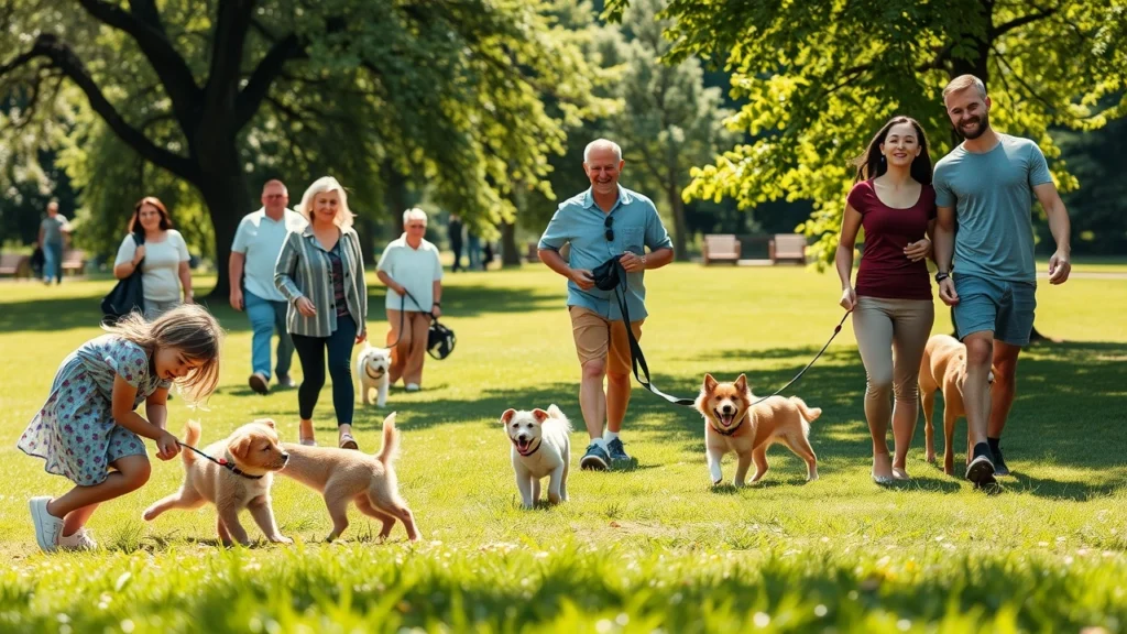 Une scène sereine montrant les avantages du bénévolat animalier avec des personnes et des animaux heureux.