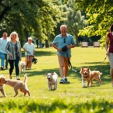 Une scène sereine montrant les avantages du bénévolat animalier avec des personnes et des animaux heureux.