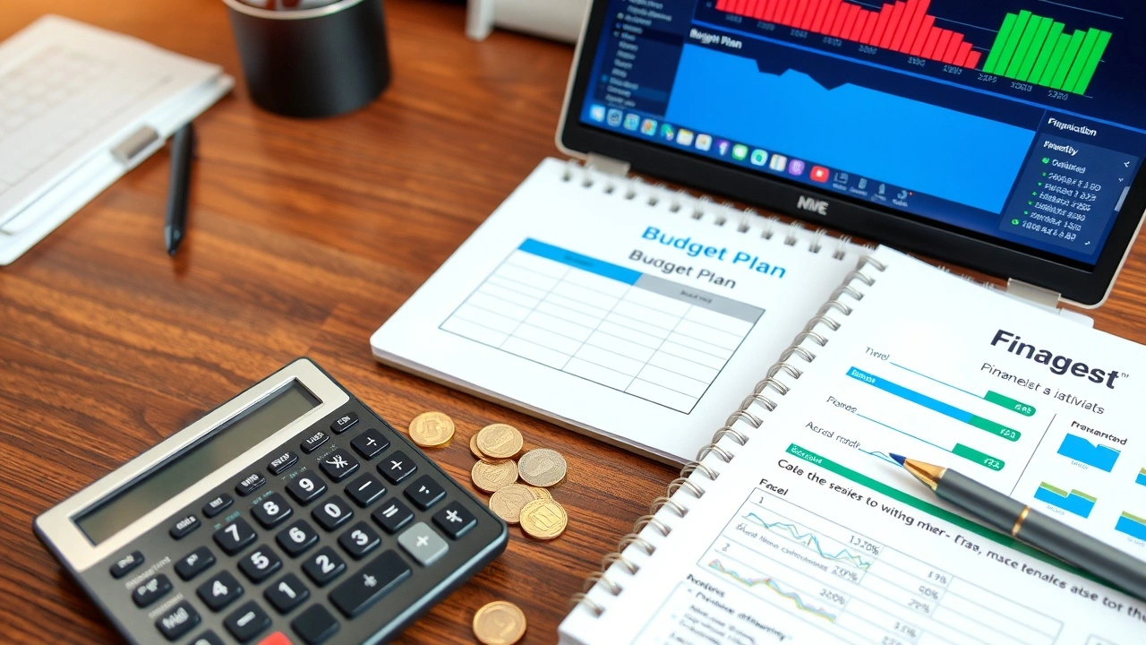 bureau avec outils financiers et ordinateur portable