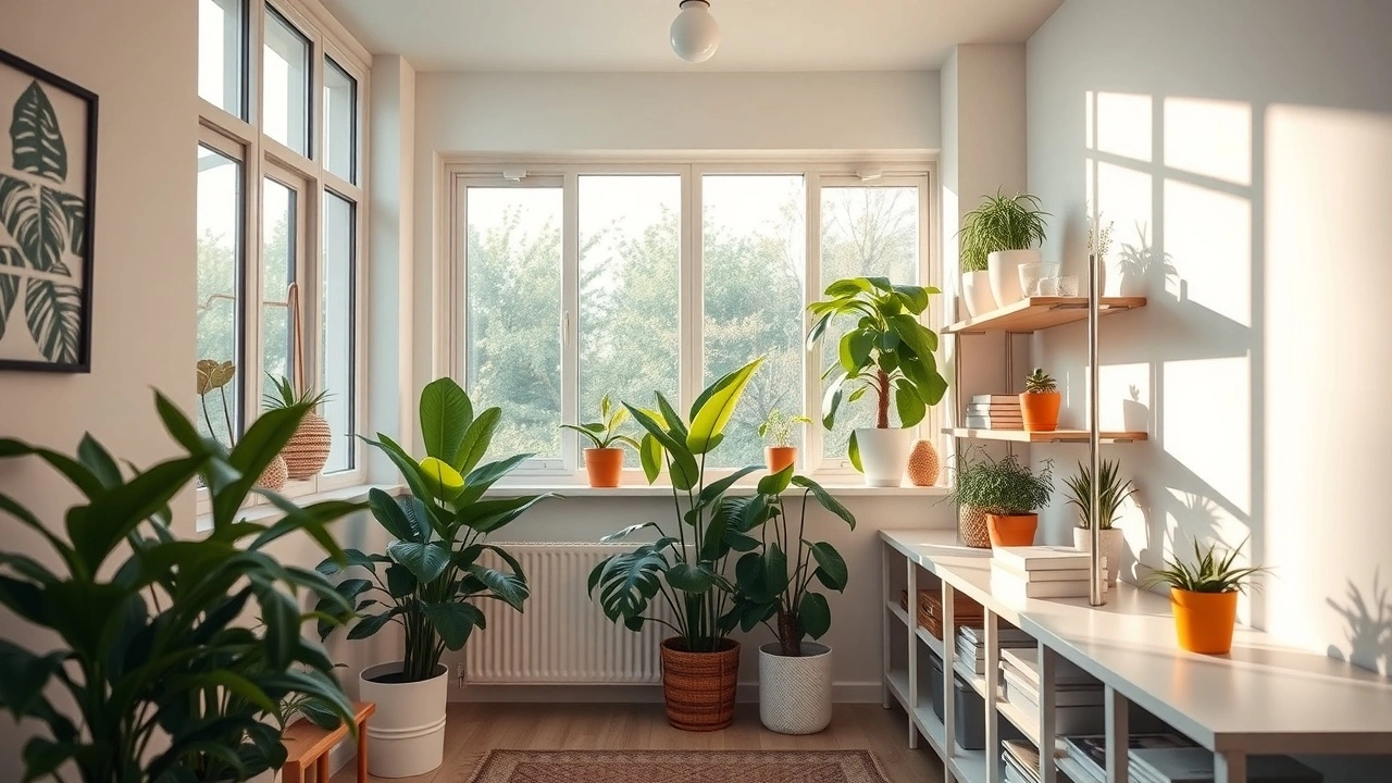 chambre avec grandes fenetres et rangement et plantes