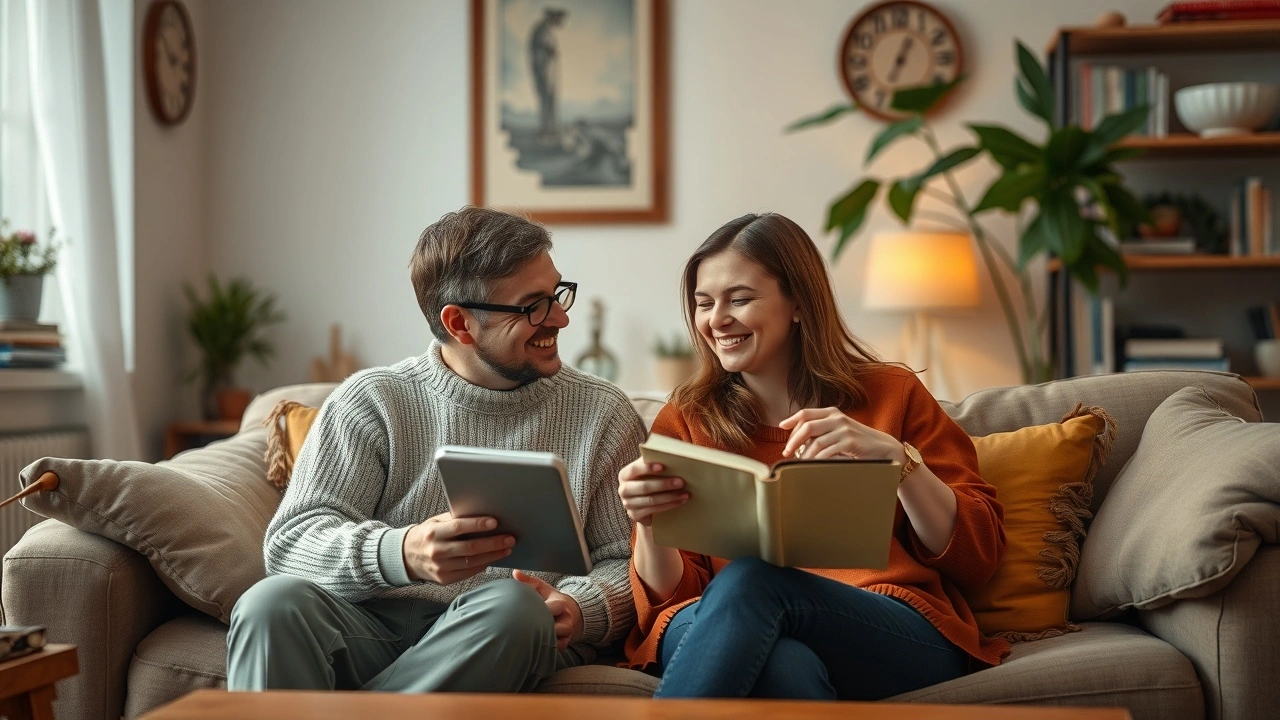 deux amis se racontent une histoire dans un salon