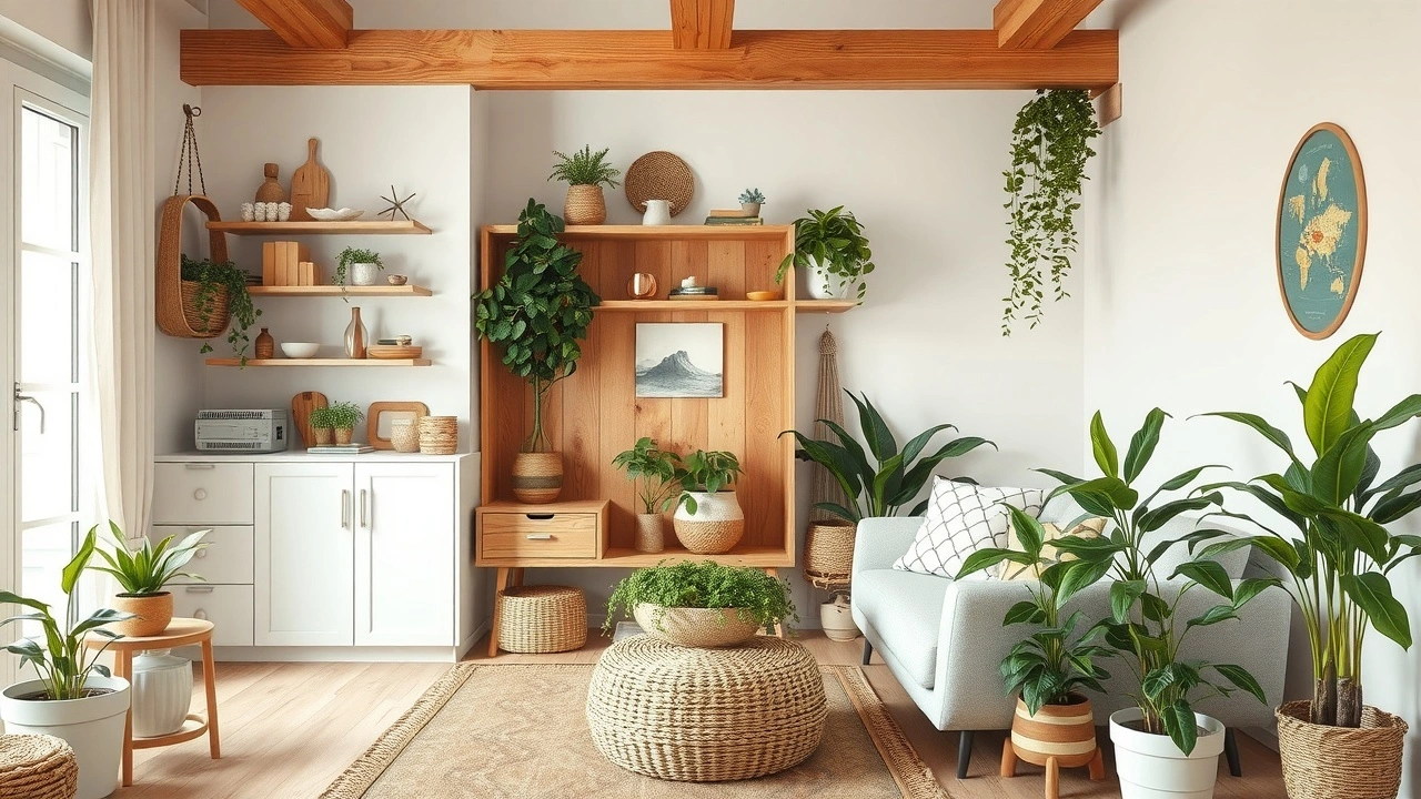 espace de vie bien organisé avec des matériaux naturels