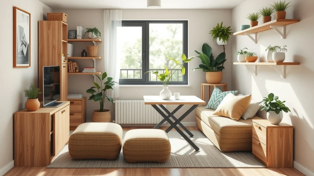 Une image réaliste d'un espace de vie optimisé avec des solutions de rangement écologiques.