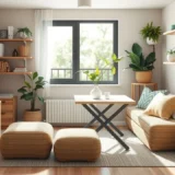 Une image réaliste d'un espace de vie optimisé avec des solutions de rangement écologiques.