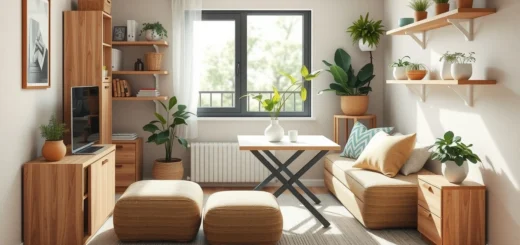 Une image réaliste d'un espace de vie optimisé avec des solutions de rangement écologiques.