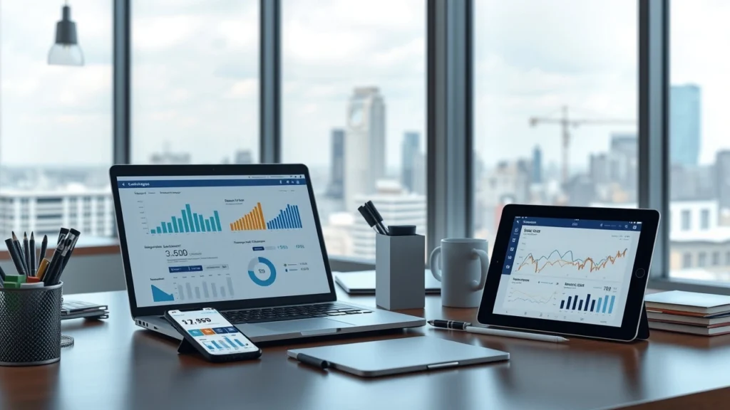 Espace de travail moderne avec des outils numériques pour la gestion financière.