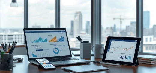 Espace de travail moderne avec des outils numériques pour la gestion financière.