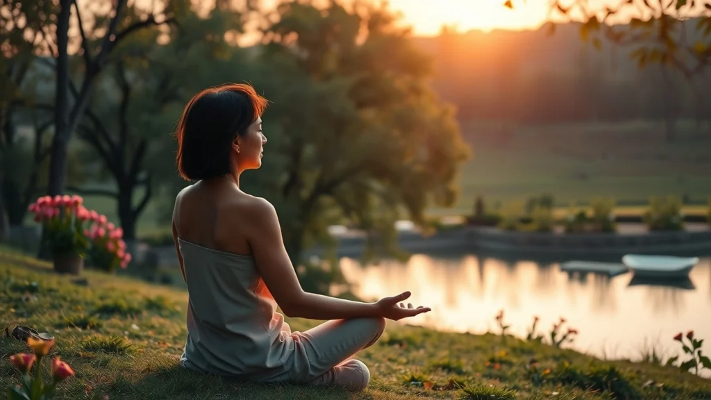 Une femme médite au bord d'un lac paisible, illustrant la visualisation créative pour le bien-être personnel.
