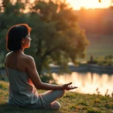 Une femme médite au bord d'un lac paisible, illustrant la visualisation créative pour le bien-être personnel.