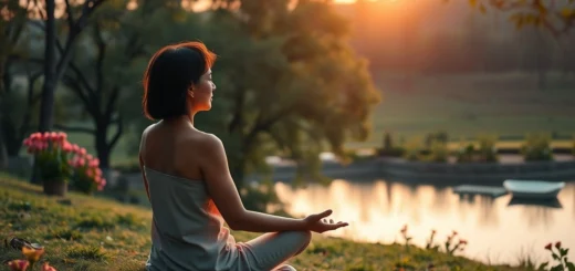 Une femme médite au bord d'un lac paisible, illustrant la visualisation créative pour le bien-être personnel.