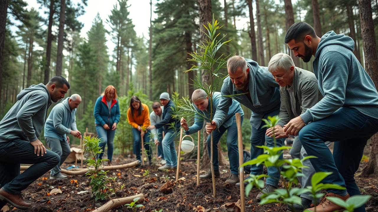 groupe de personnes plantant des arbres dans une forêt