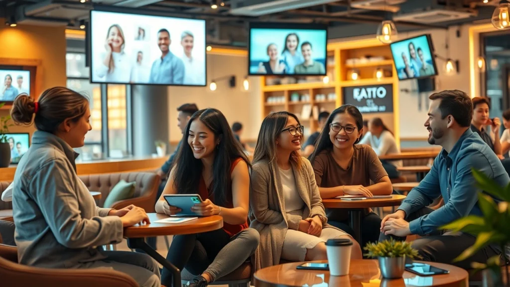 Une scène illustrant l'impact des technologies d'intelligence émotionnelle sur les interactions quotidiennes dans un café moderne.