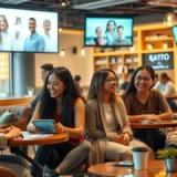 Une scène illustrant l'impact des technologies d'intelligence émotionnelle sur les interactions quotidiennes dans un café moderne.