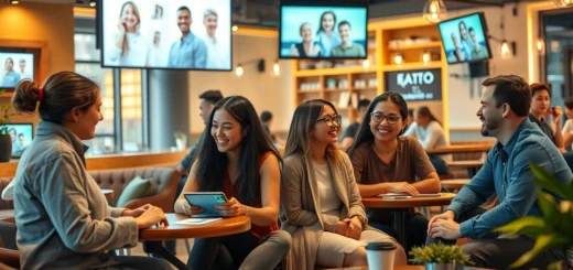 Une scène illustrant l'impact des technologies d'intelligence émotionnelle sur les interactions quotidiennes dans un café moderne.