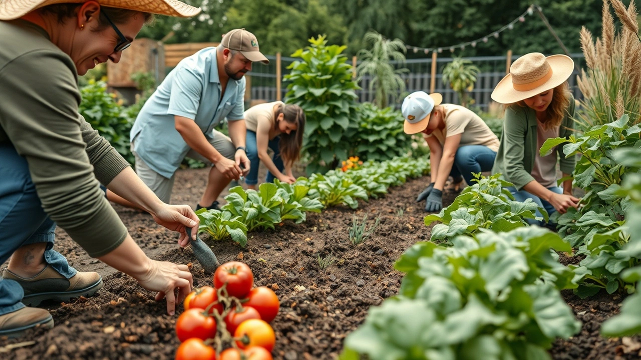 des personnes dans un jardin communautaire en train de cultiver