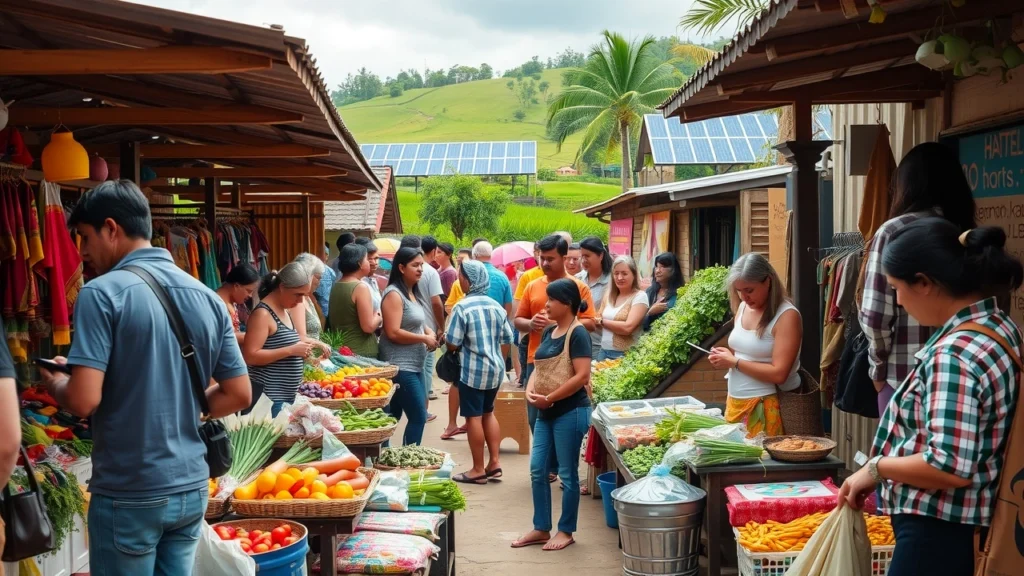 Un marché local animé mettant en avant des artisans et des vendeurs soutenant le développement durable.
