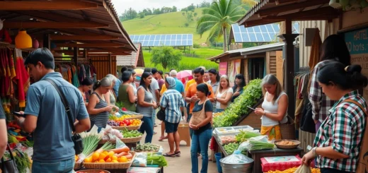 Un marché local animé mettant en avant des artisans et des vendeurs soutenant le développement durable.