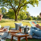 Une scène paisible de quelques amis esquissant et dessinant dans un parc.