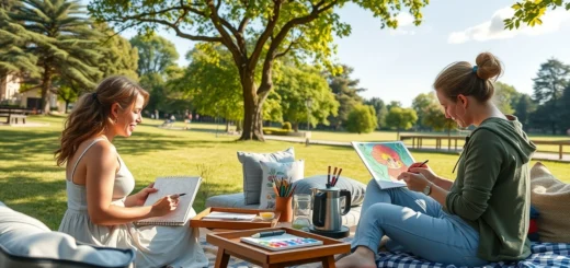 Une scène paisible de quelques amis esquissant et dessinant dans un parc.