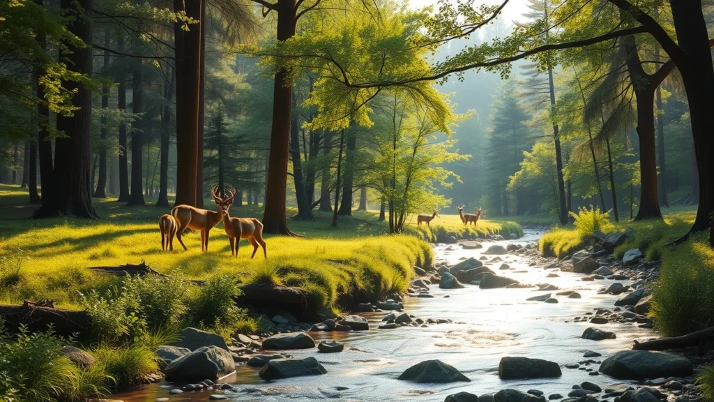 Un paysage naturel intact avec des arbres, une rivière et des animaux sauvages