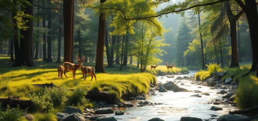Un paysage naturel intact avec des arbres, une rivière et des animaux sauvages