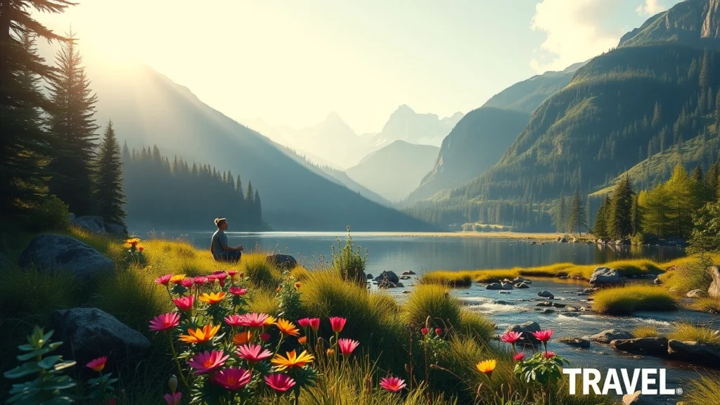 Un paysage serein avec un voyageur en harmonie avec la nature.