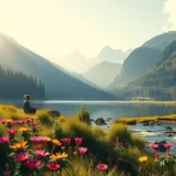 Un paysage serein avec un voyageur en harmonie avec la nature.