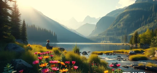Un paysage serein avec un voyageur en harmonie avec la nature.