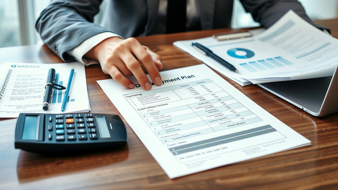 person at desk with debt repayment plan and calculator