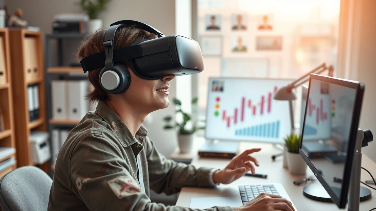 person utilisant un casque de realite virtuelle au bureau