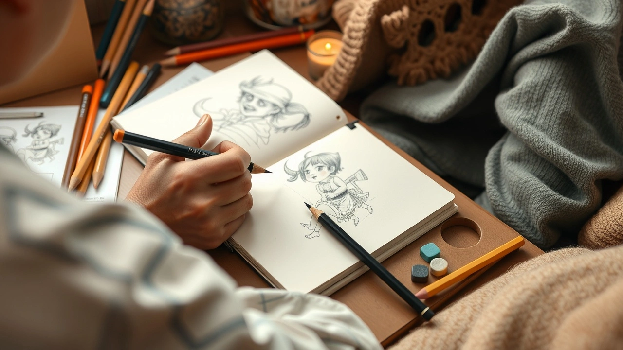 person dessinant dans un carnet avec des fournitures d'art