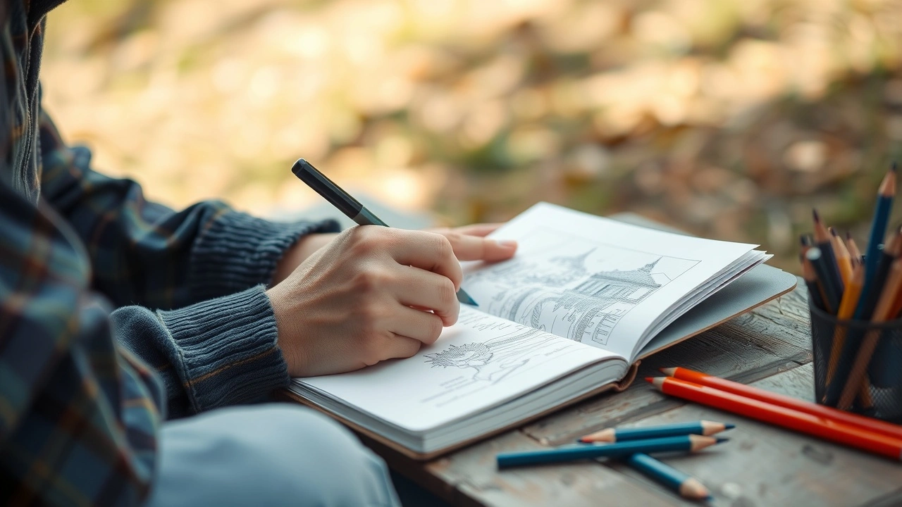 une personne esquissant dans un carnet en plein air