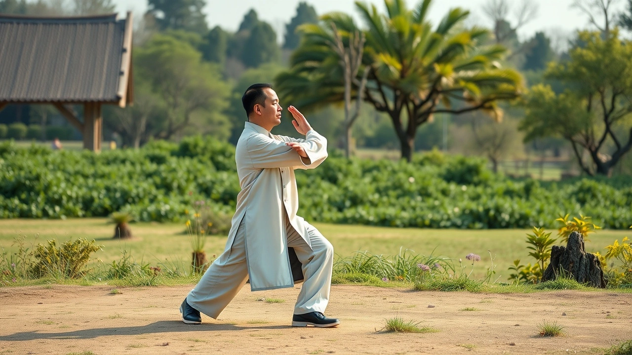 pratiquant de tai-chi en extérieur dans la nature