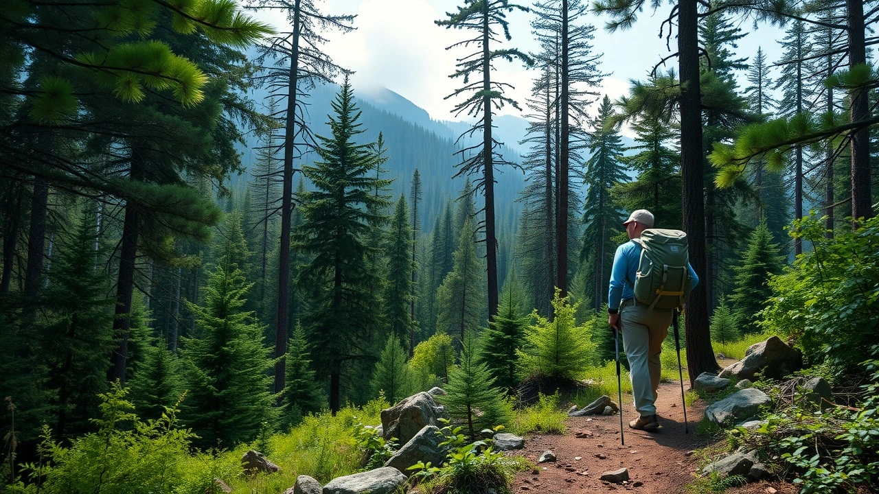 randonneur marchant dans une forêt luxuriante