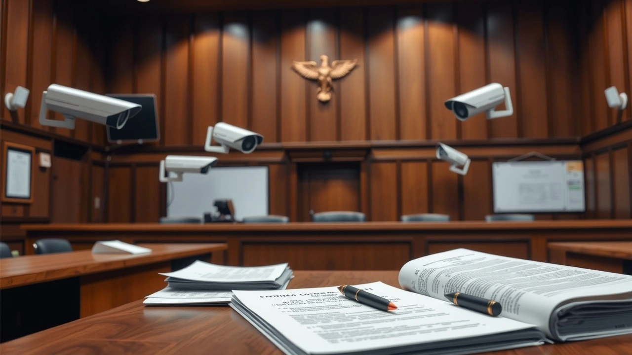 salle d'audience avec documents légaux et caméras de surveillance