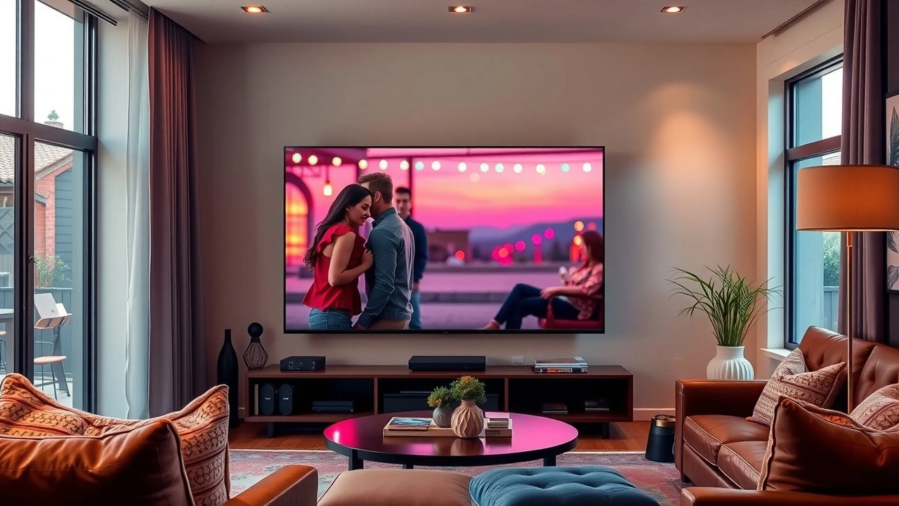 salon avec ecran de television affichant une serie romantique