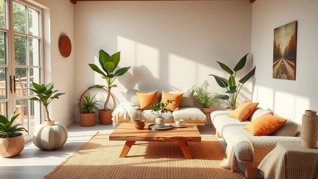 Une scène intérieure d'un salon chaleureux avec des matériaux écologiques.