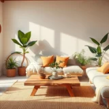 Une scène intérieure d'un salon chaleureux avec des matériaux écologiques.