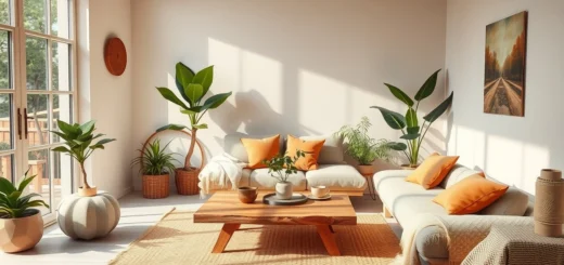 Une scène intérieure d'un salon chaleureux avec des matériaux écologiques.