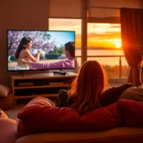 Un salon douillet avec deux personnes regardant une série romantique.