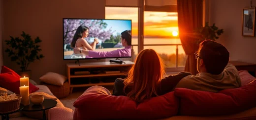 Un salon douillet avec deux personnes regardant une série romantique.