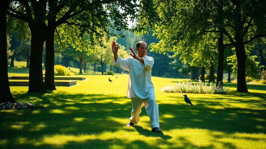 Une personne pratiquant le tai-chi dans un parc verdoyant, évoquant le bien-être et la relaxation.